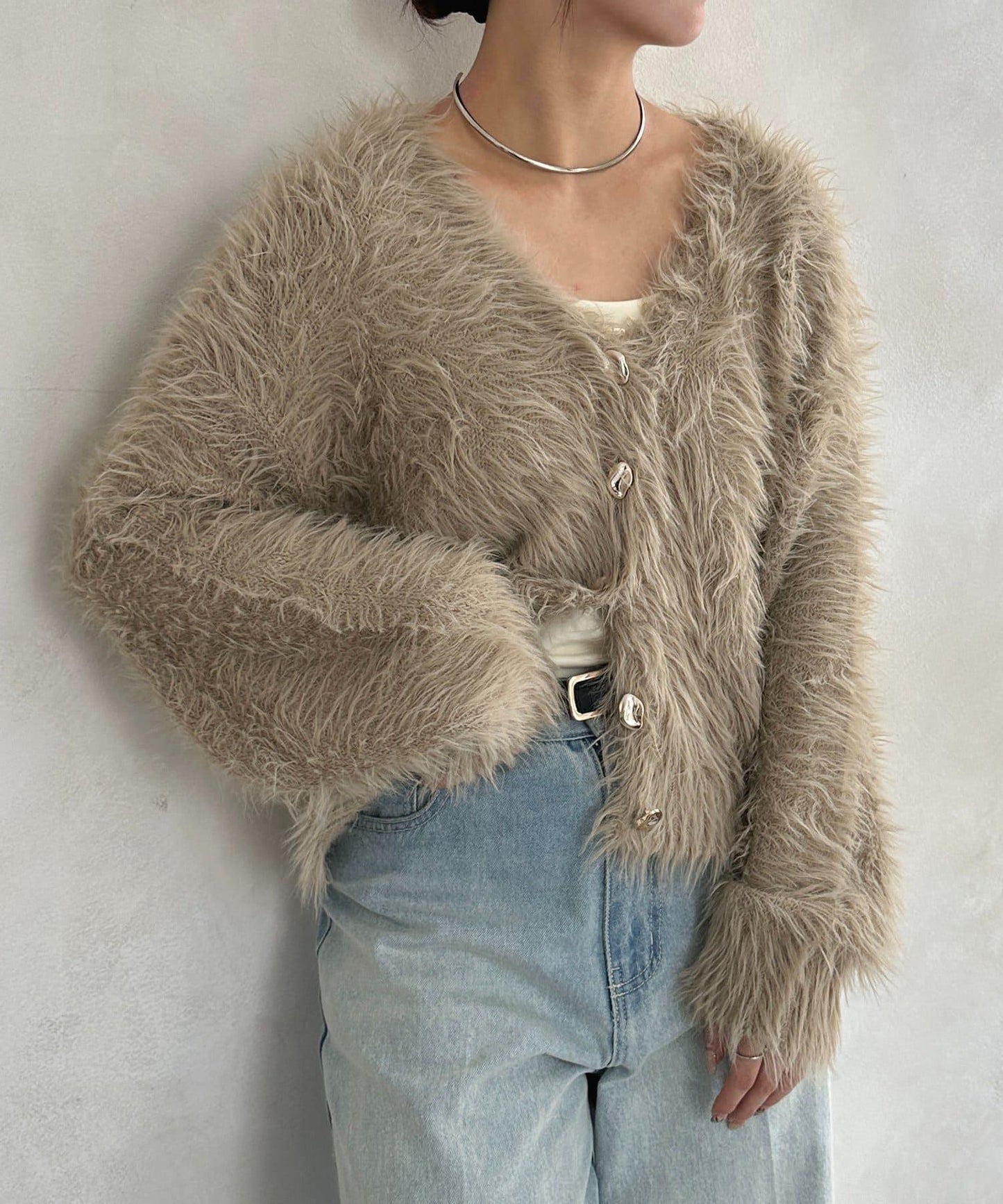 微妙紐扣蓬鬆長絨開衫