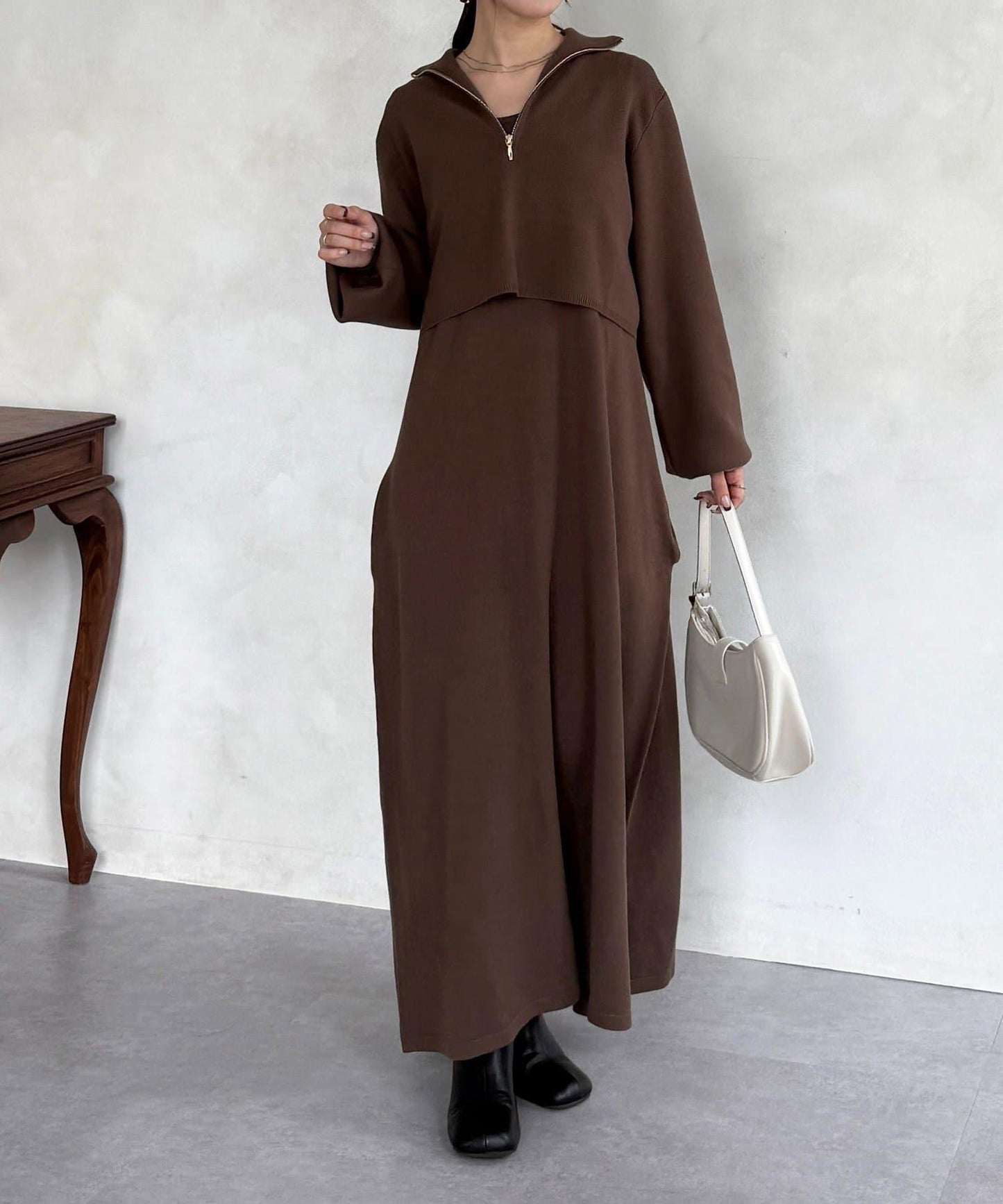 半拉鍊針織套裝連衣裙