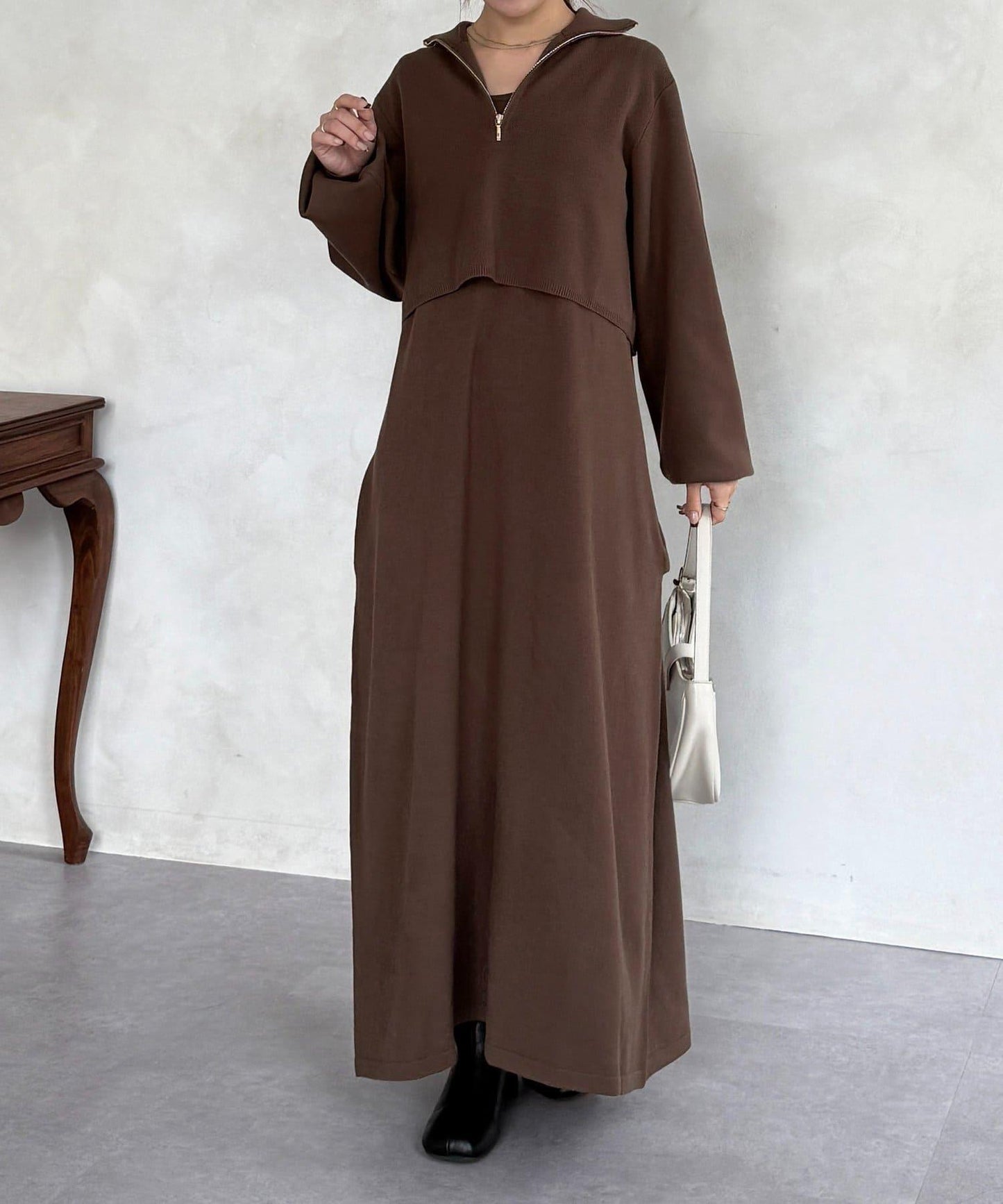 半拉鍊針織套裝連衣裙