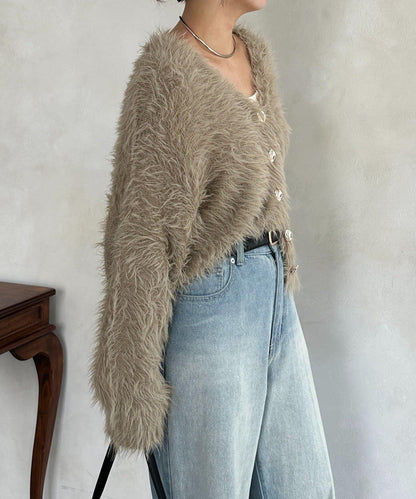 微妙紐扣蓬鬆長絨開衫