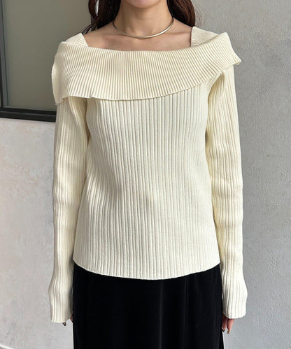 一字肩風格方領羅紋針織衫