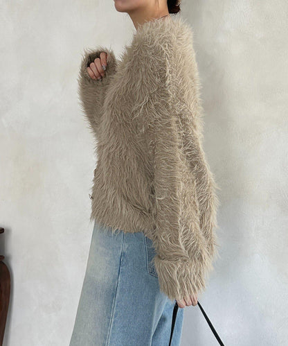 微妙紐扣蓬鬆長絨開衫