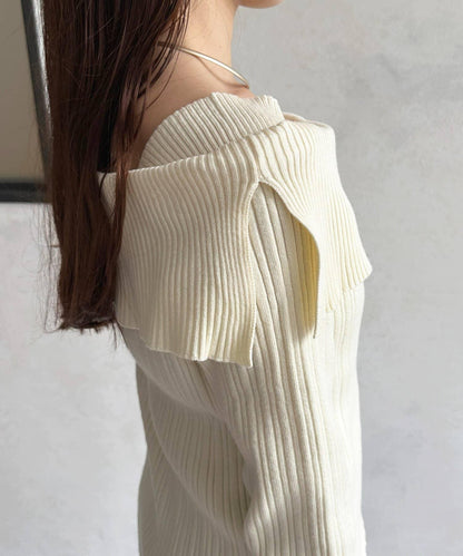 一字肩風格方領羅紋針織衫