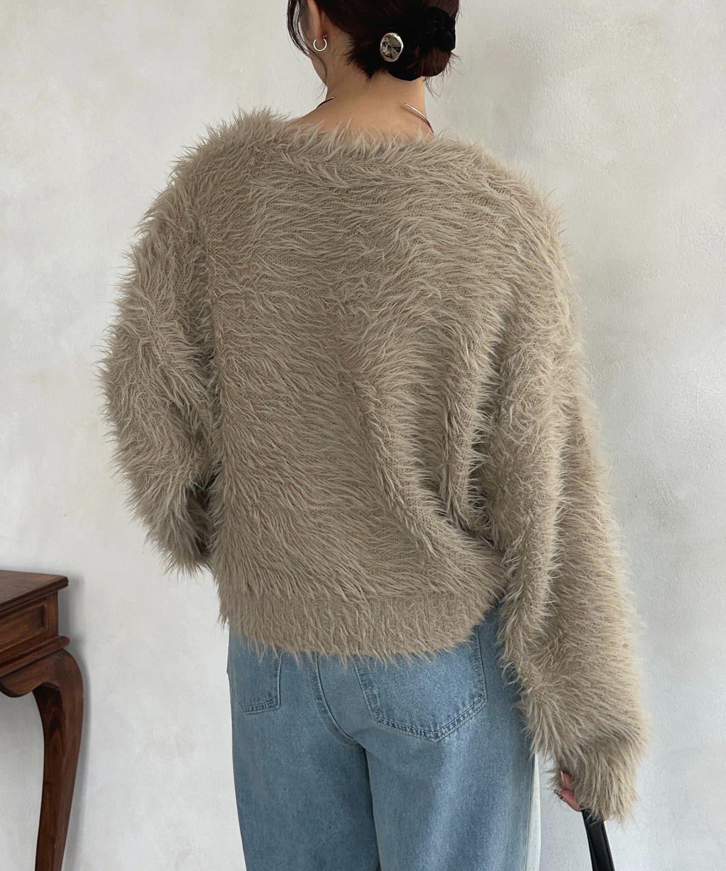 微妙紐扣蓬鬆長絨開衫