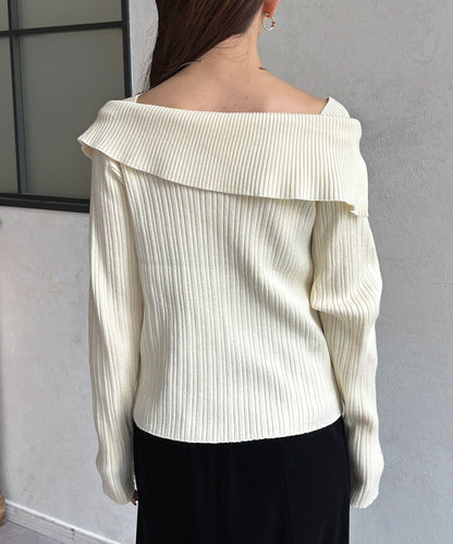 一字肩風格方領羅紋針織衫