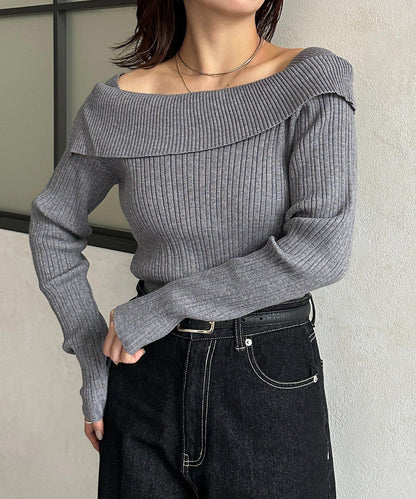 一字肩風格方領羅紋針織衫
