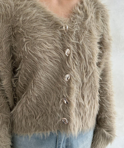 微妙紐扣蓬鬆長絨開衫