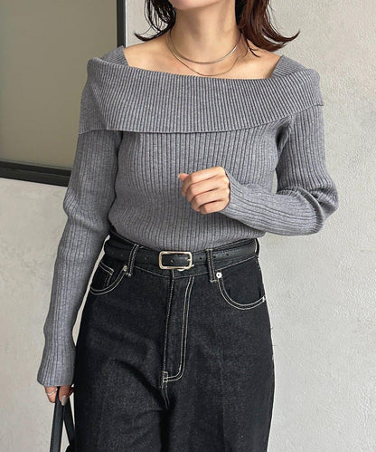 一字肩風格方領羅紋針織衫