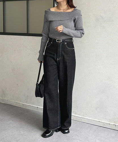 一字肩風格方領羅紋針織衫