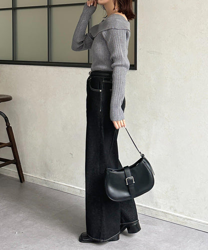 一字肩風格方領羅紋針織衫