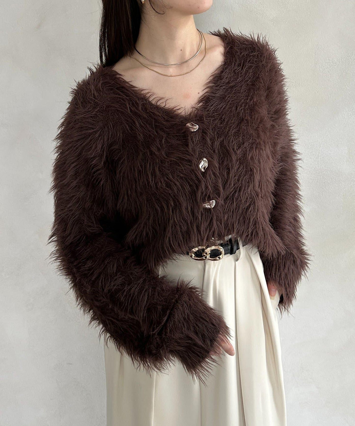 微妙紐扣蓬鬆長絨開衫