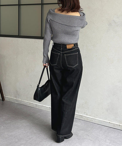 一字肩風格方領羅紋針織衫