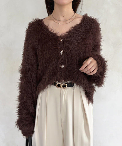 微妙紐扣蓬鬆長絨開衫