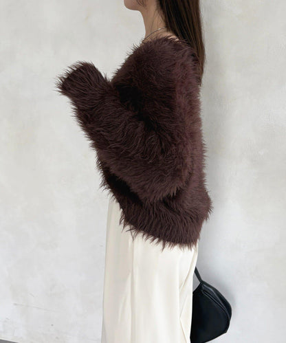 微妙紐扣蓬鬆長絨開衫