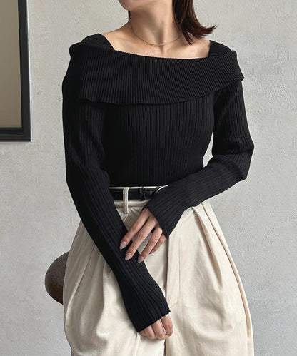 一字肩風格方領羅紋針織衫