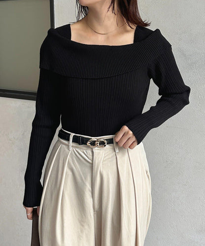 一字肩風格方領羅紋針織衫