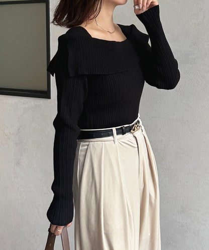 一字肩風格方領羅紋針織衫