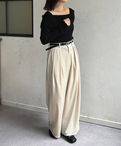 一字肩風格方領羅紋針織衫