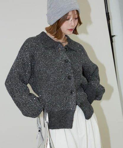 亮片拼接翻領開衫