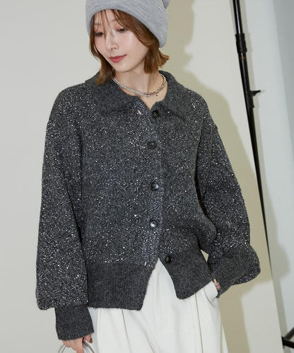 亮片拼接翻領開衫
