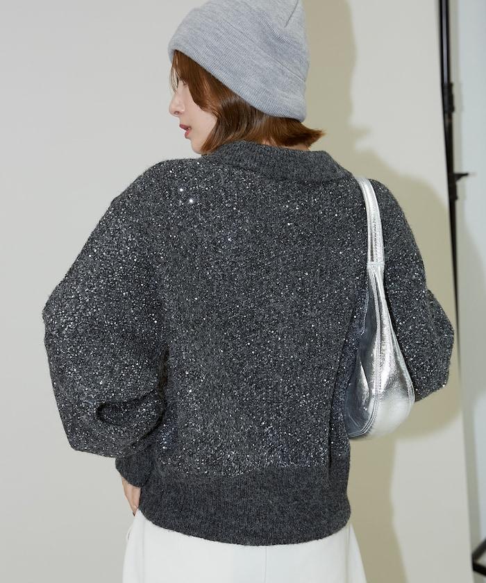 亮片拼接翻領開衫