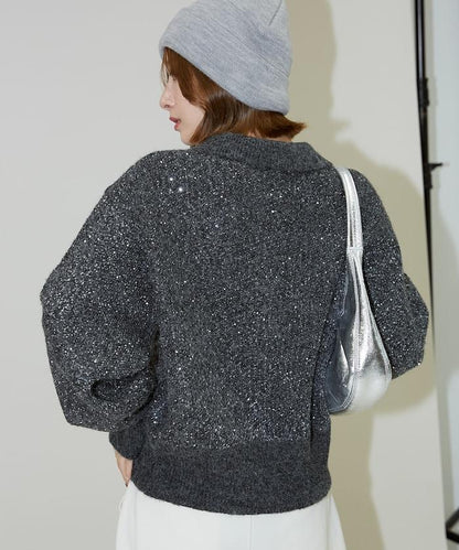 亮片拼接翻領開衫
