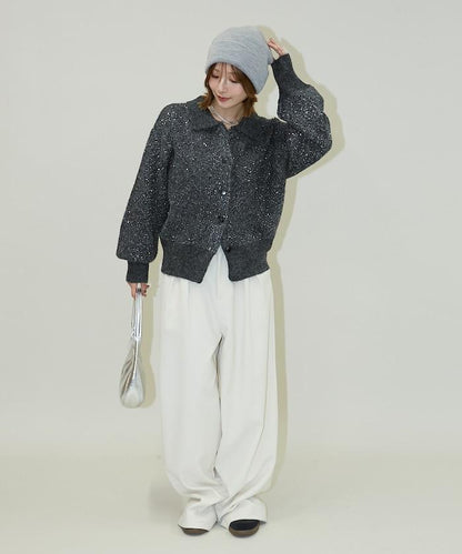 亮片拼接翻領開衫