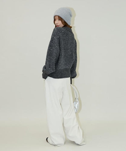 亮片拼接翻領開衫