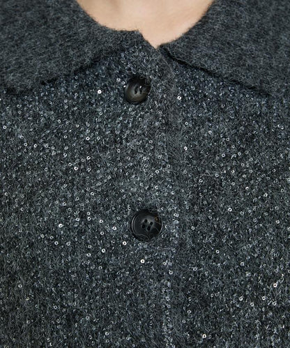 亮片拼接翻領開衫