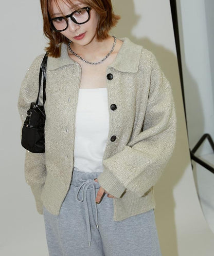 亮片拼接翻領開衫