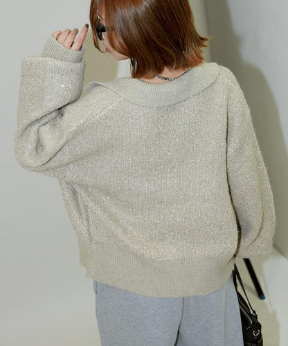 亮片拼接翻領開衫