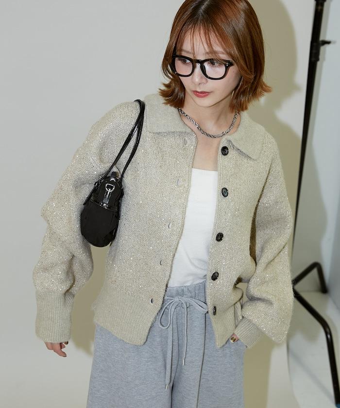 亮片拼接翻領開衫