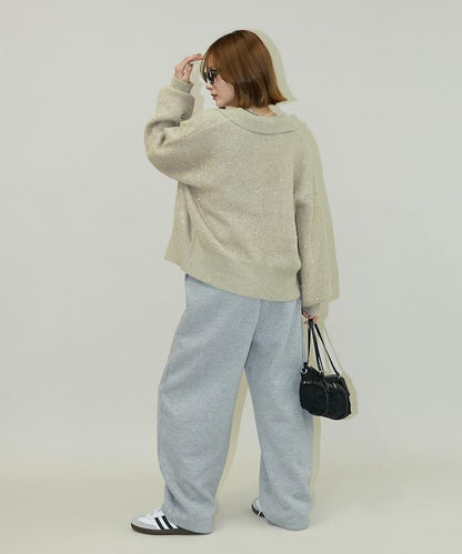 亮片拼接翻領開衫