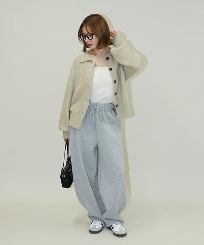 亮片拼接翻領開衫