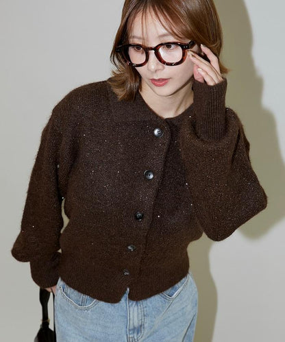 亮片拼接翻領開衫