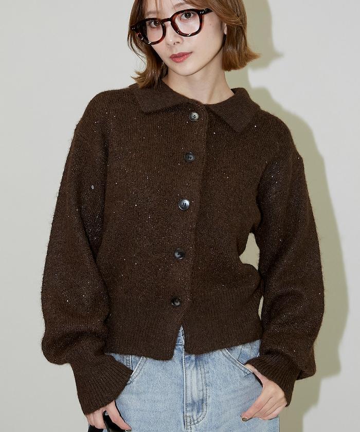 亮片拼接翻領開衫