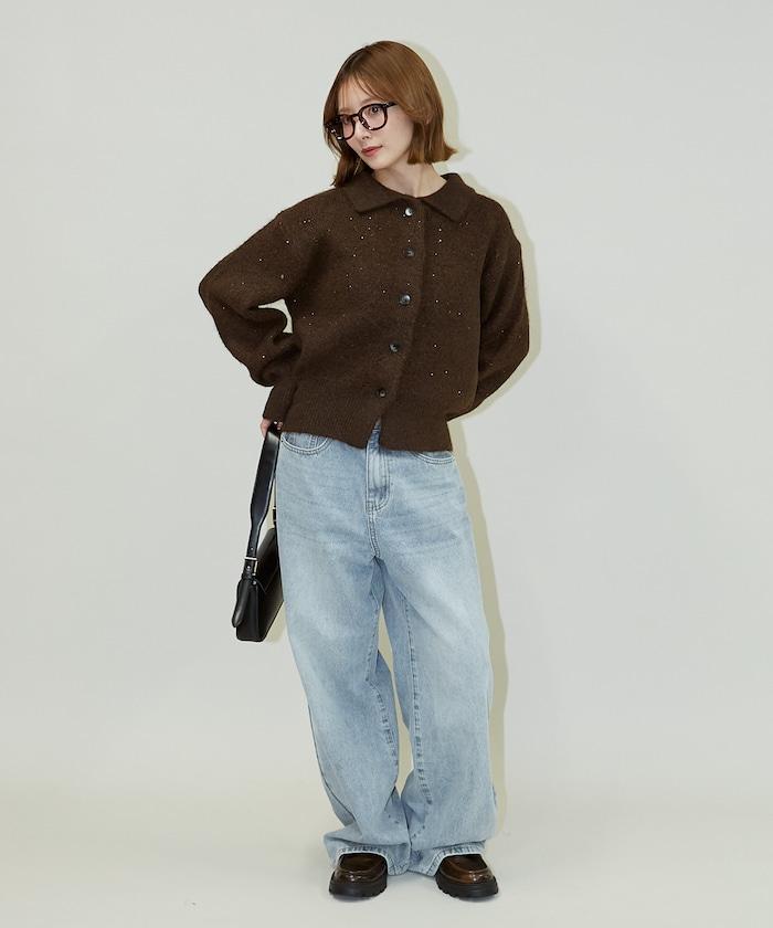 亮片拼接翻領開衫