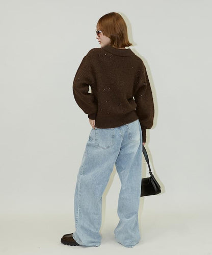 亮片拼接翻領開衫