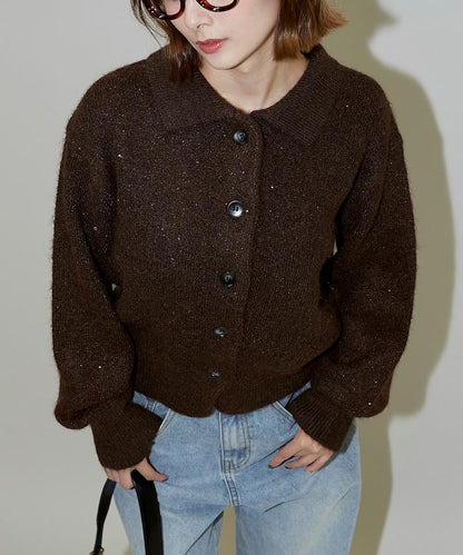 亮片拼接翻領開衫