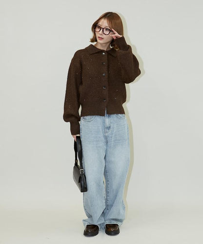 亮片拼接翻領開衫