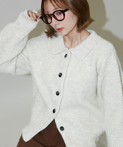 亮片拼接翻領開衫