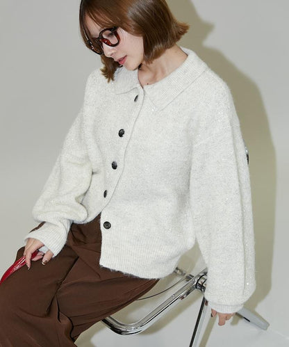 亮片拼接翻領開衫