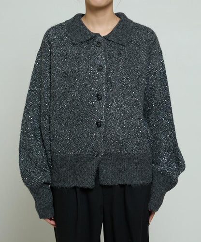 亮片拼接翻領開衫