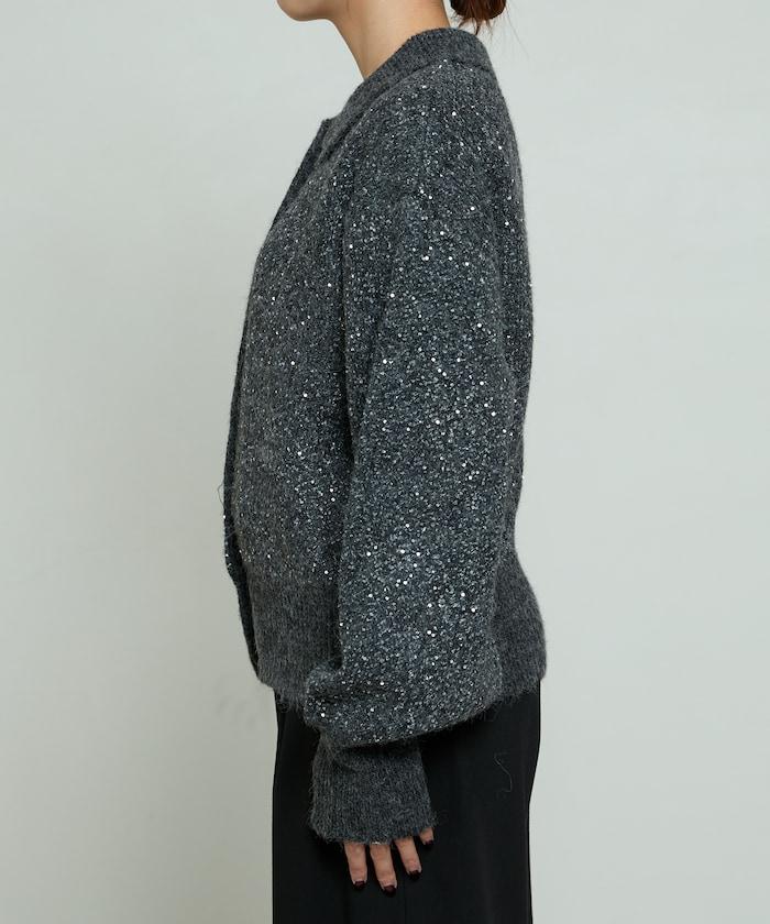 亮片拼接翻領開衫