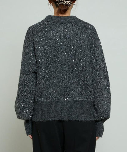 亮片拼接翻領開衫