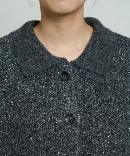 亮片拼接翻領開衫