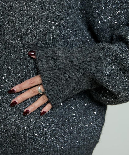 亮片拼接翻領開衫