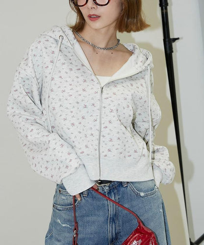 小花圖案短款連帽衛衣