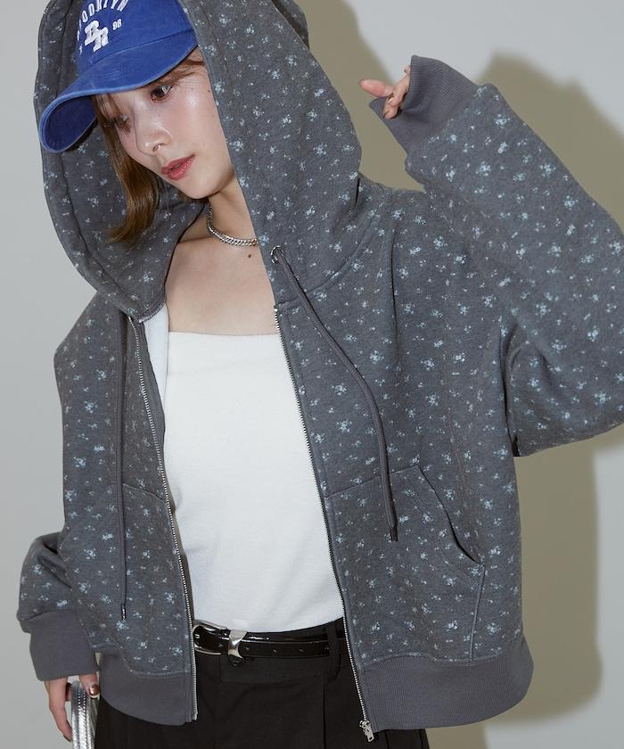 小花圖案短款連帽衛衣