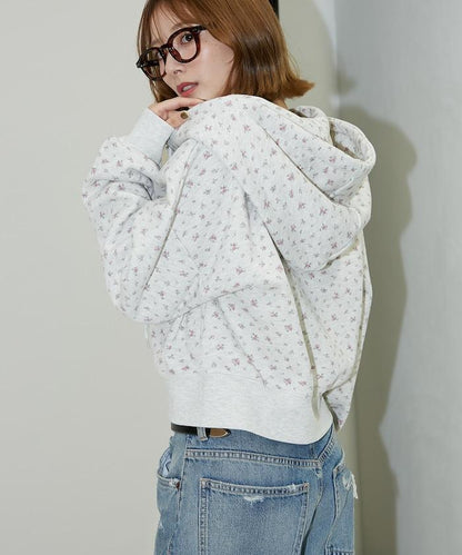 小花圖案短款連帽衛衣